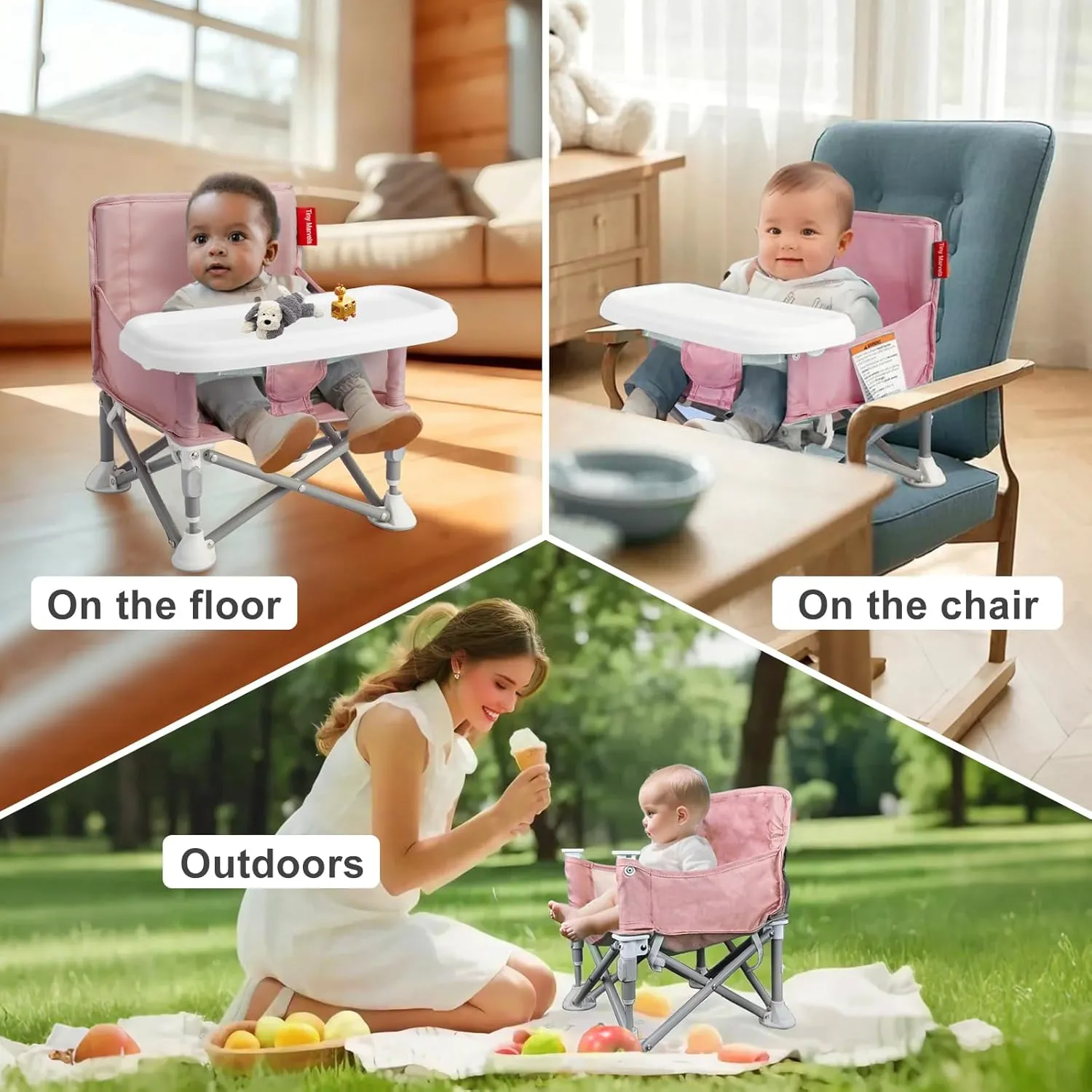 Portable 3-in-1 Baby Booster Seat – Cozy Floor Seat, Feeding Seat with Tray, Toddler Booster – Compact, Foldable, Safe with Child Safety Belt Carry Bag – Perfect for Travel & Family Time