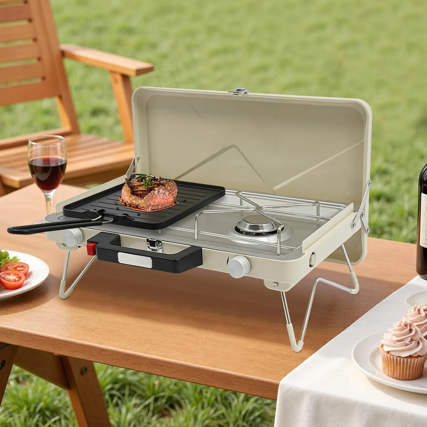 Portable 3500W Dual Outdoor Gas Burner, 2-Burner Stainless Steel Camping Stove, Tabletop Barbecue Grill, Independent Temp- control, Foldable Cooktop for Picnics, Outdoor Cooking (White)