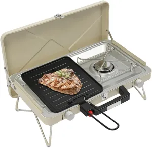 Portable 3500W Dual Outdoor Gas Burner, 2-Burner Stainless Steel Camping Stove, Tabletop Barbecue Grill, Independent Temp- control, Foldable Cooktop for Picnics, Outdoor Cooking (White)