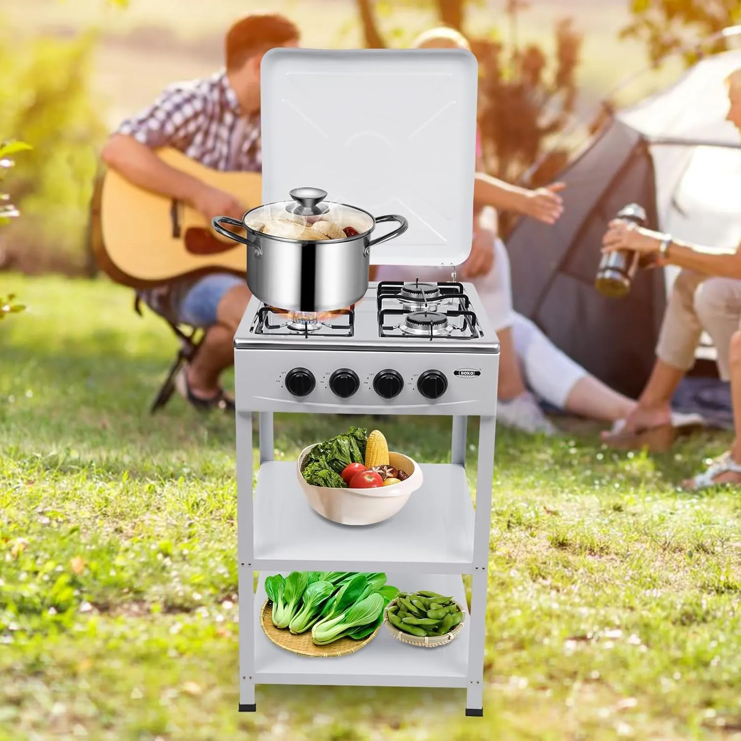 Portable 4 Burner Gas Stove, Outdoor Gas Powered Stove with Support Leg Stand and Wind Shield, Camping Stove for RV Backyard Outdoor Cooking Camping, White
