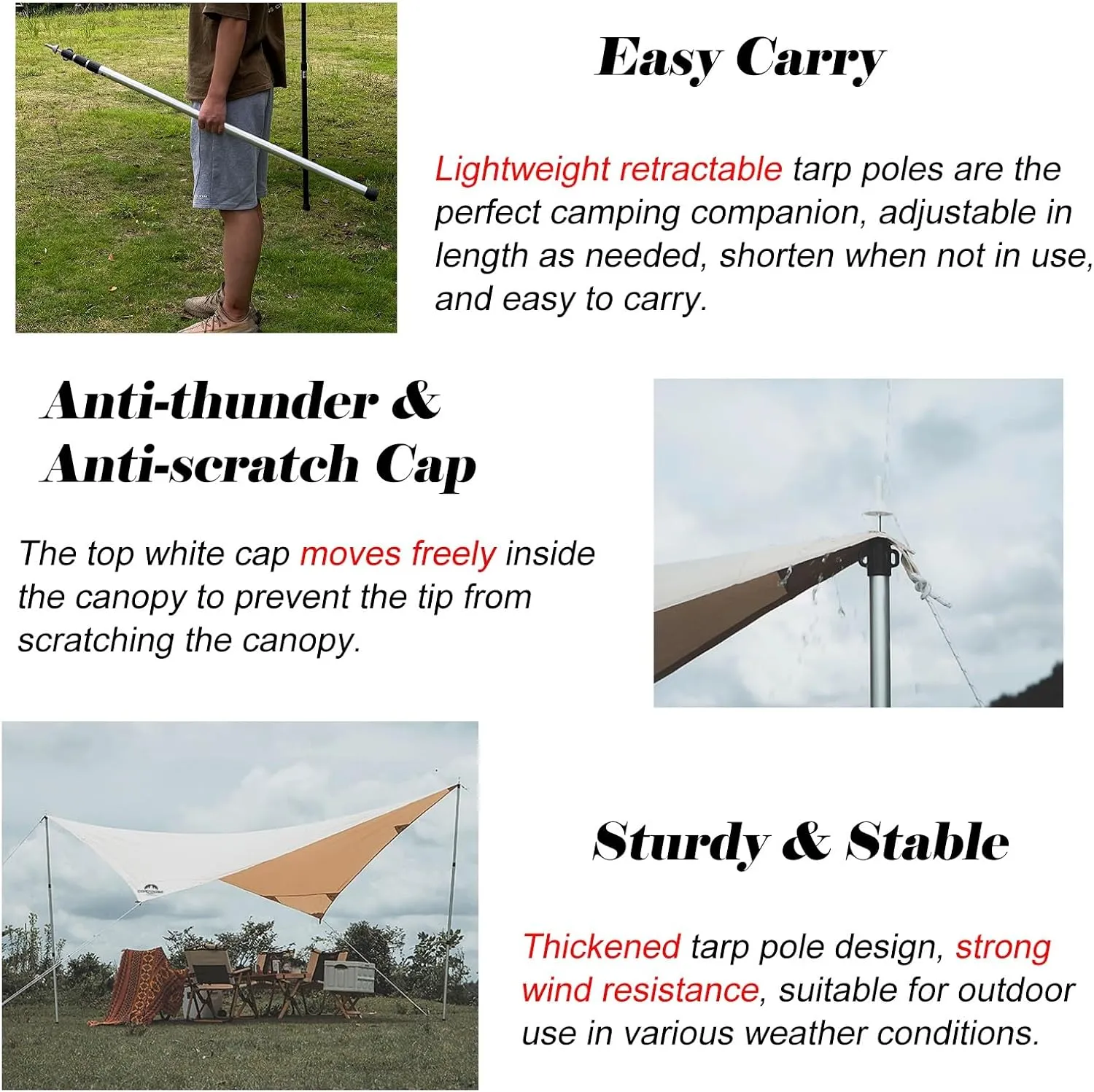 Portable Aluminum Alloy Camping Poles with Silicone Feet Cover, Telescoping Tarp Poles Adjustable Length, Tent Poles for RV Camping/Jungle Adventure(Black)