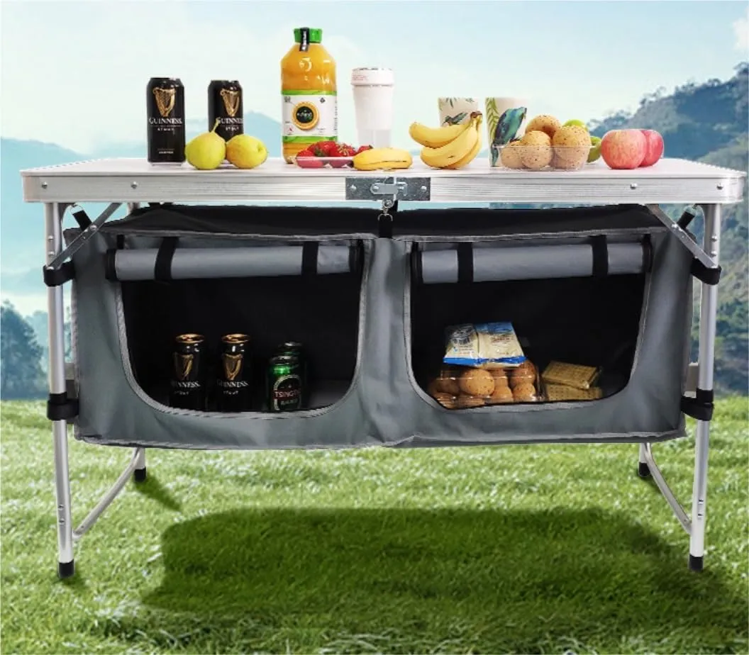 Portable Beach Table Folding Camping Table Aluminum Camping Table Picnic Table with Storage Adjustable Height for Outdoor Folding Camping Table, 120*47cm, Black