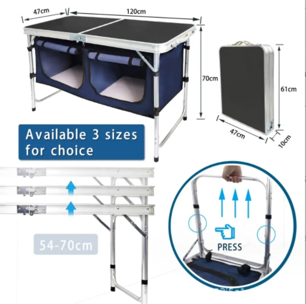 Portable Beach Table Folding Camping Table Aluminum Camping Table Picnic Table with Storage Adjustable Height for Outdoor Folding Camping Table, 120*47cm, Black