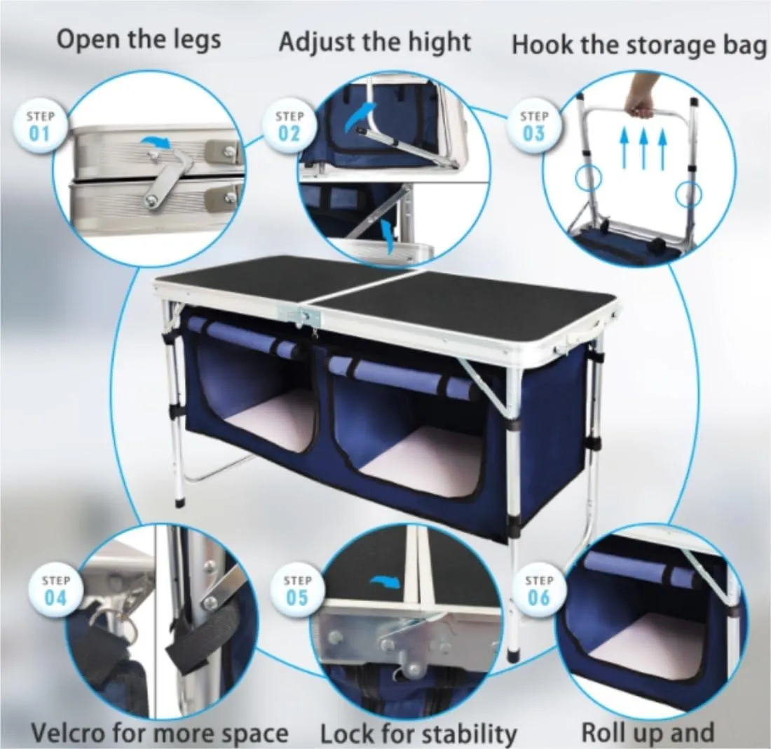 Portable Beach Table Folding Camping Table Aluminum Camping Table Picnic Table with Storage Adjustable Height for Outdoor Folding Camping Table, 120*47cm, Black