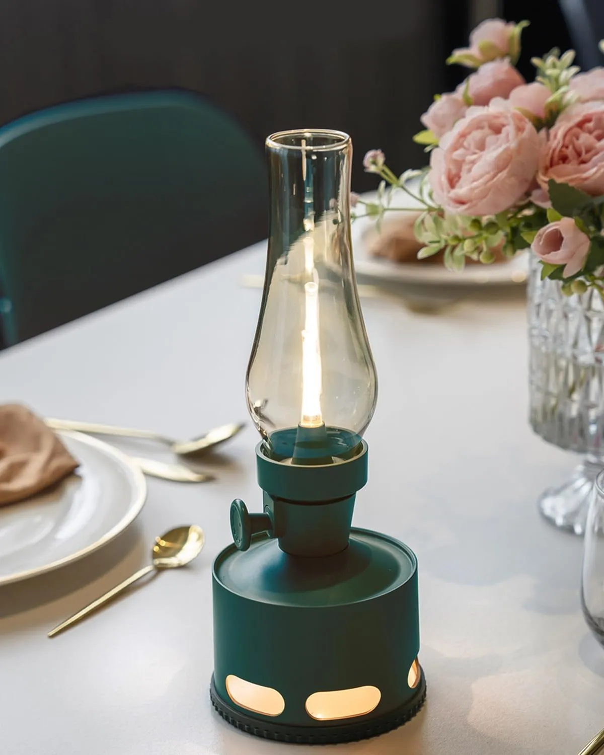 Portable Camping Lantern with Flickering Candlelight, 9-Level Dimming LED Bedside Lamp, Blow-to-Off and Gravity Sensor Function, for Bedroom, Patio,Forest Green