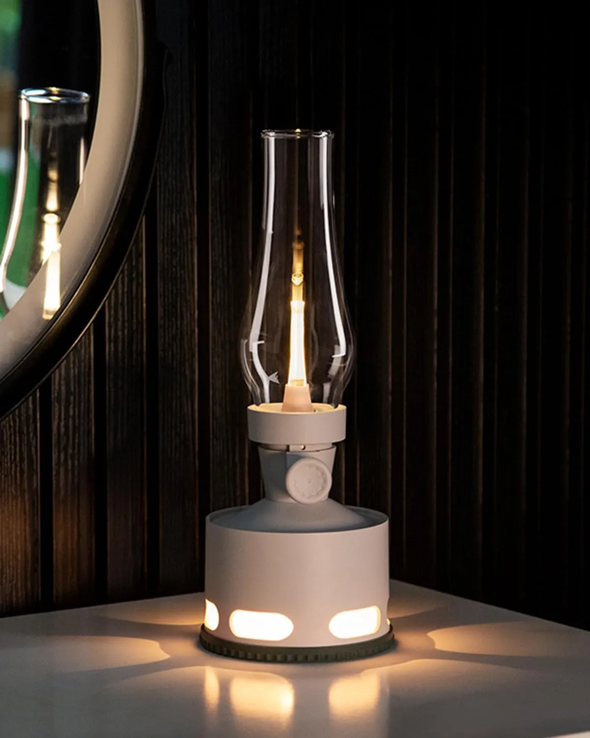 Portable Camping Lantern with Flickering Candlelight, 9-Level Dimming LED Bedside Lamp, Blow-to-Off and Gravity Sensor Function, for Bedroom, Patio,Magnolia White