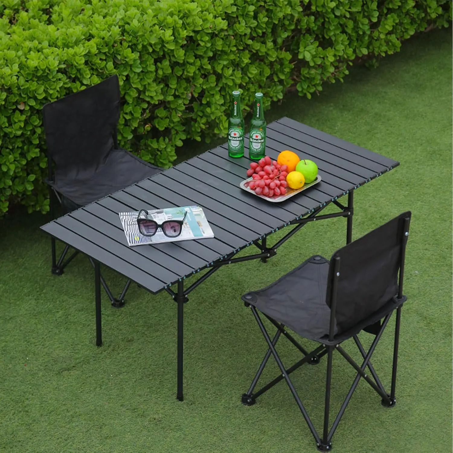 Portable Camping Side Table, Lightweight Aluminum Folding Table with Carry Bag, Ideal for Picnic, BBQ, Cooking, and Outdoor Activities Black 120×55×50cm/47×21×19.7in