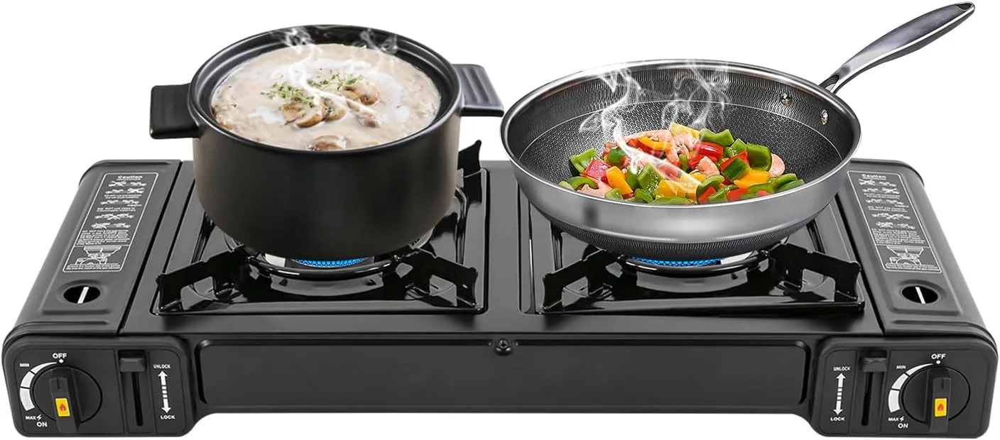 Portable Camping Stove 2Burners Camping Grills With Grill Tray Double Grill Gas Cooker BBQ 2In1 Cooking Frying Boiling Stewing Grilling Food For Traveling Hiking Picnics Patio Barbecue (Black)