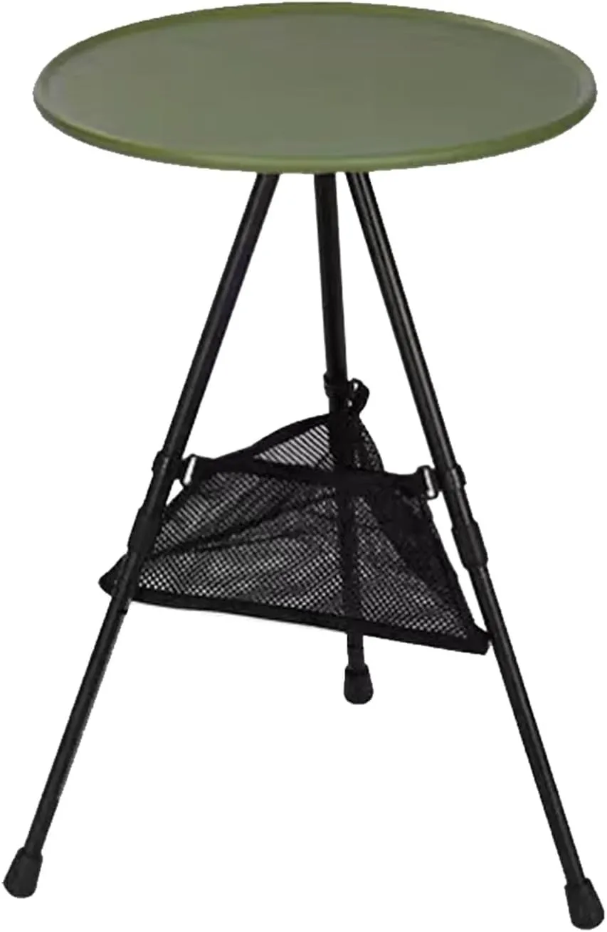 Portable camping table, round folding table, small lightweight outdoor table with adjustable height and mesh bag for camping, barbecue, picnic, beach, fishing, hiking or indoor use(Army green)