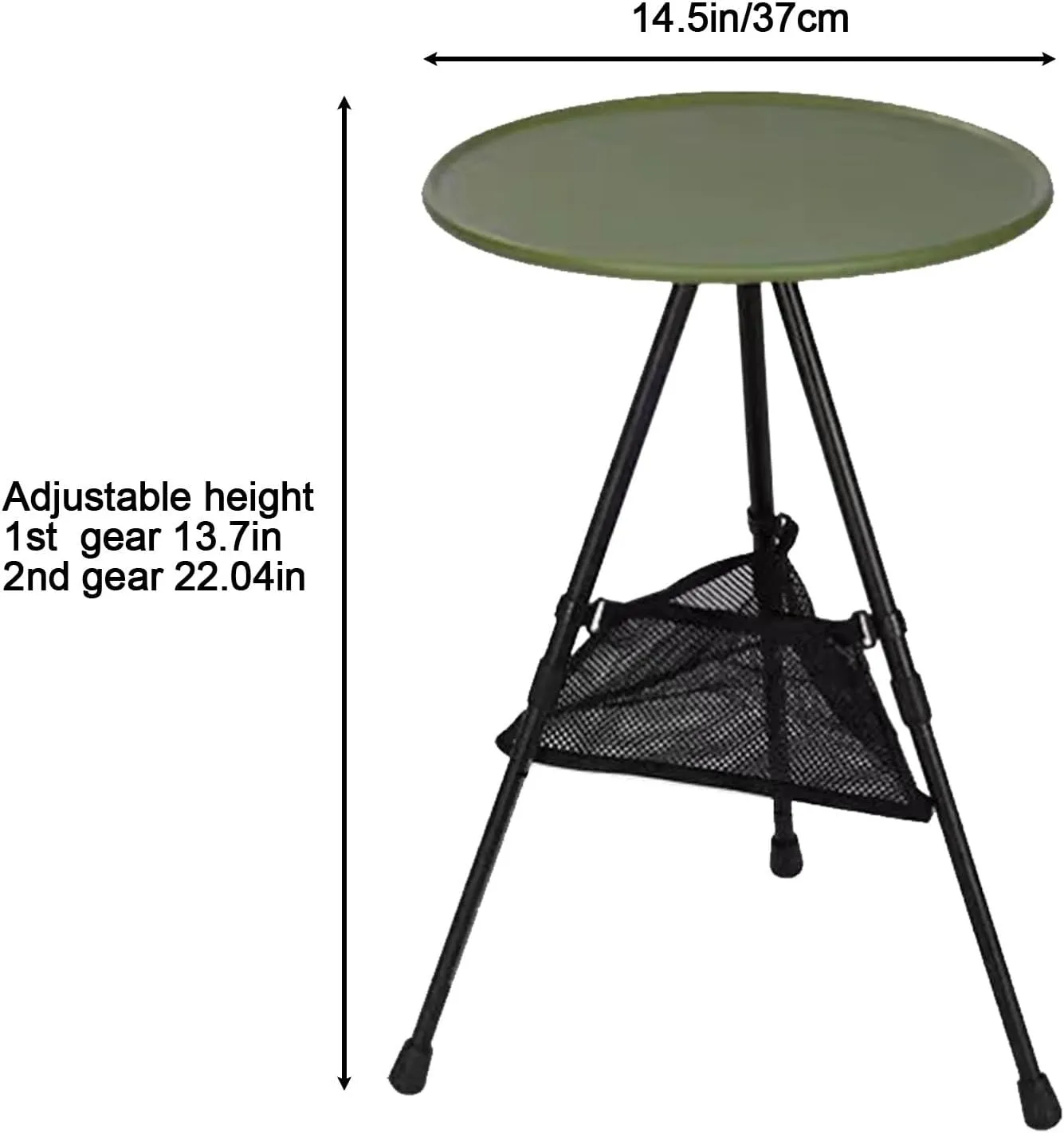 Portable camping table, round folding table, small lightweight outdoor table with adjustable height and mesh bag for camping, barbecue, picnic, beach, fishing, hiking or indoor use(Army green)