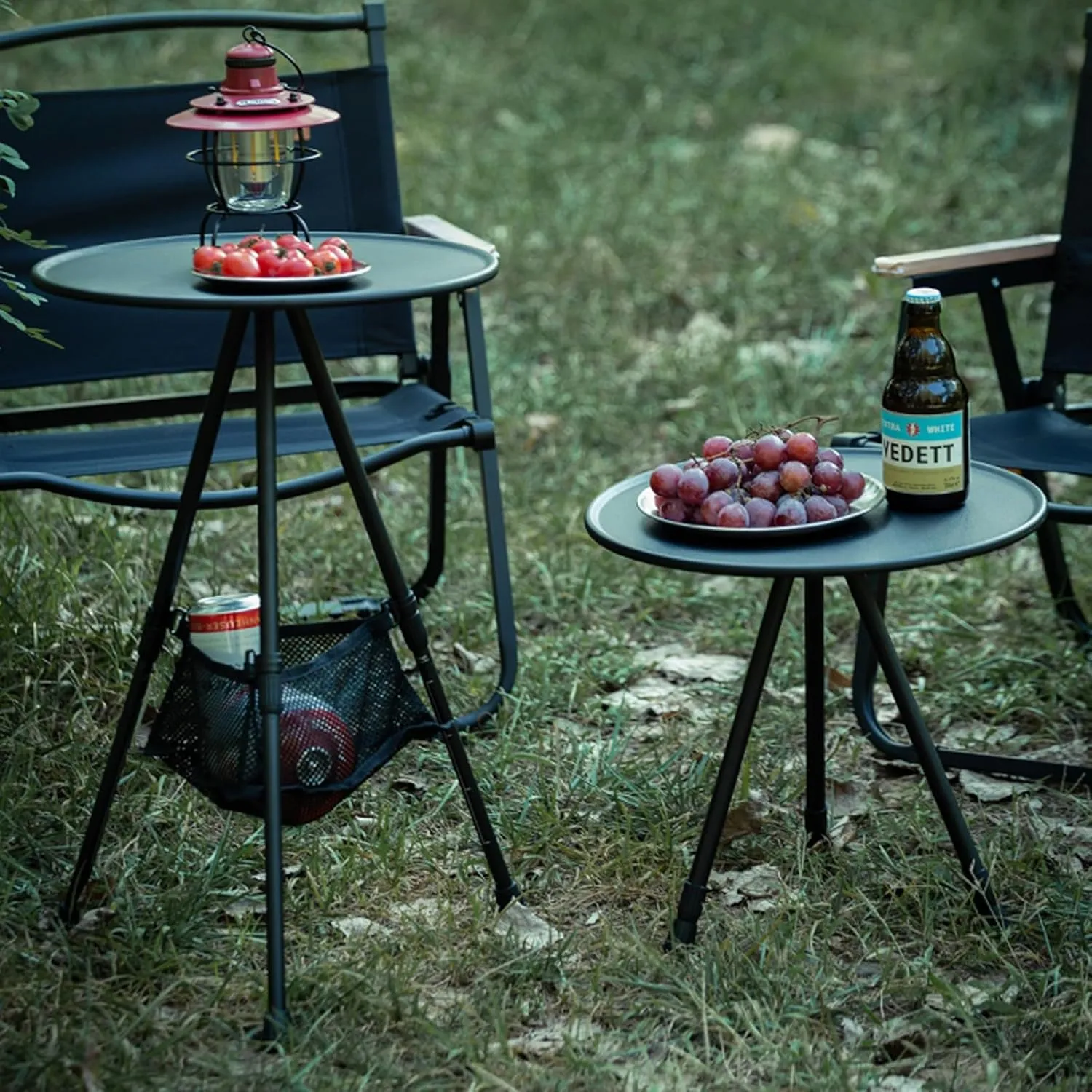 Portable camping table, round folding table, small lightweight outdoor table with adjustable height and mesh bag for camping, barbecue, picnic, beach, fishing, hiking or indoor use(Army green)