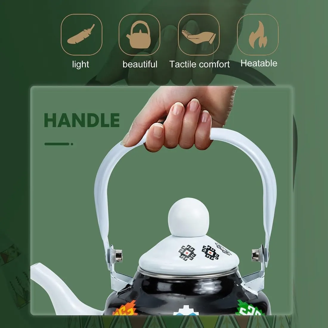 Portable Camping Tea Kettle Enamel Finish, Compact Outdoor Kettle with Foldable Handle & Quick Heating(1.1L)