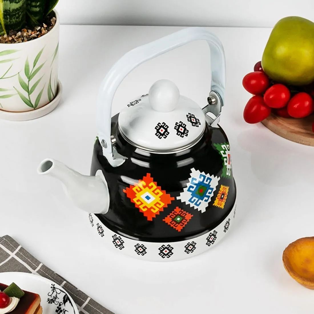 Portable Camping Tea Kettle Enamel Finish, Compact Outdoor Kettle with Foldable Handle & Quick Heating(1.1L)