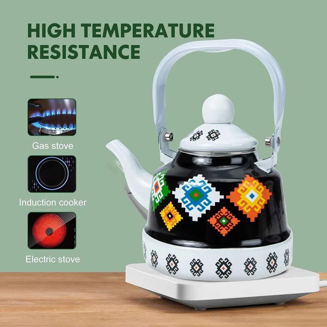 Portable Camping Tea Kettle Enamel Finish, Compact Outdoor Kettle with Foldable Handle & Quick Heating(1.1L)