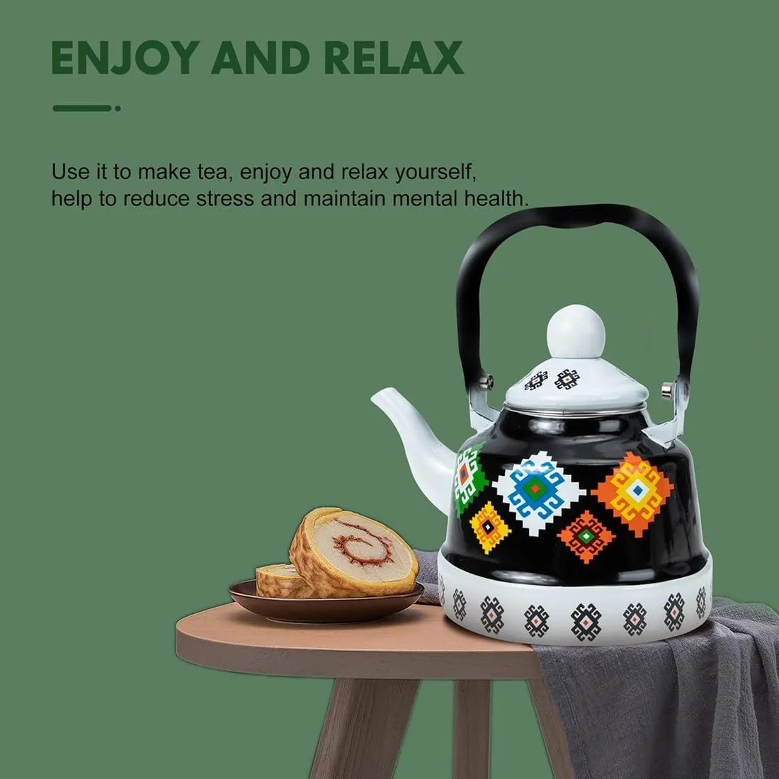 Portable Camping Tea Kettle Enamel Finish, Compact Outdoor Kettle with Foldable Handle & Quick Heating(1.1L)