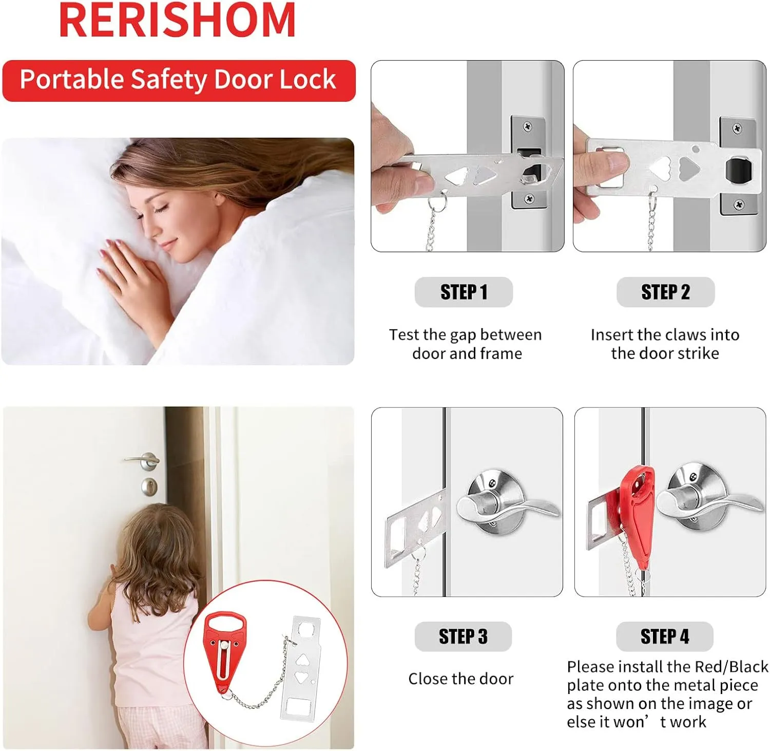 Portable Door Lock Extra Lock for Additional Privacy and Safety in Home,Hotel and Apartment,Prevent Unauthorized Entry,Protect Family Security in Traveling,Home,Bedroom,Hotel,Apartment,AirBNB-4 Pack