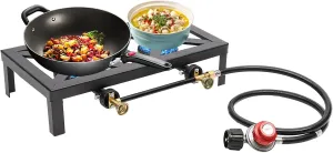 Portable Double Burner Angle Iron Camp Stove, Outdoor Gas Stove Propane Cooker with Regulator Hose for Outdoor Barbecues Camping Picnics Hiking