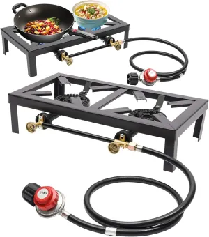 Portable Double Burner Gas Stove, Adjustable 0-10PSI Regulator, 8000W Burners for Camping, BBQ, Turkey Fry, Home Brewing, Lightweight Compact