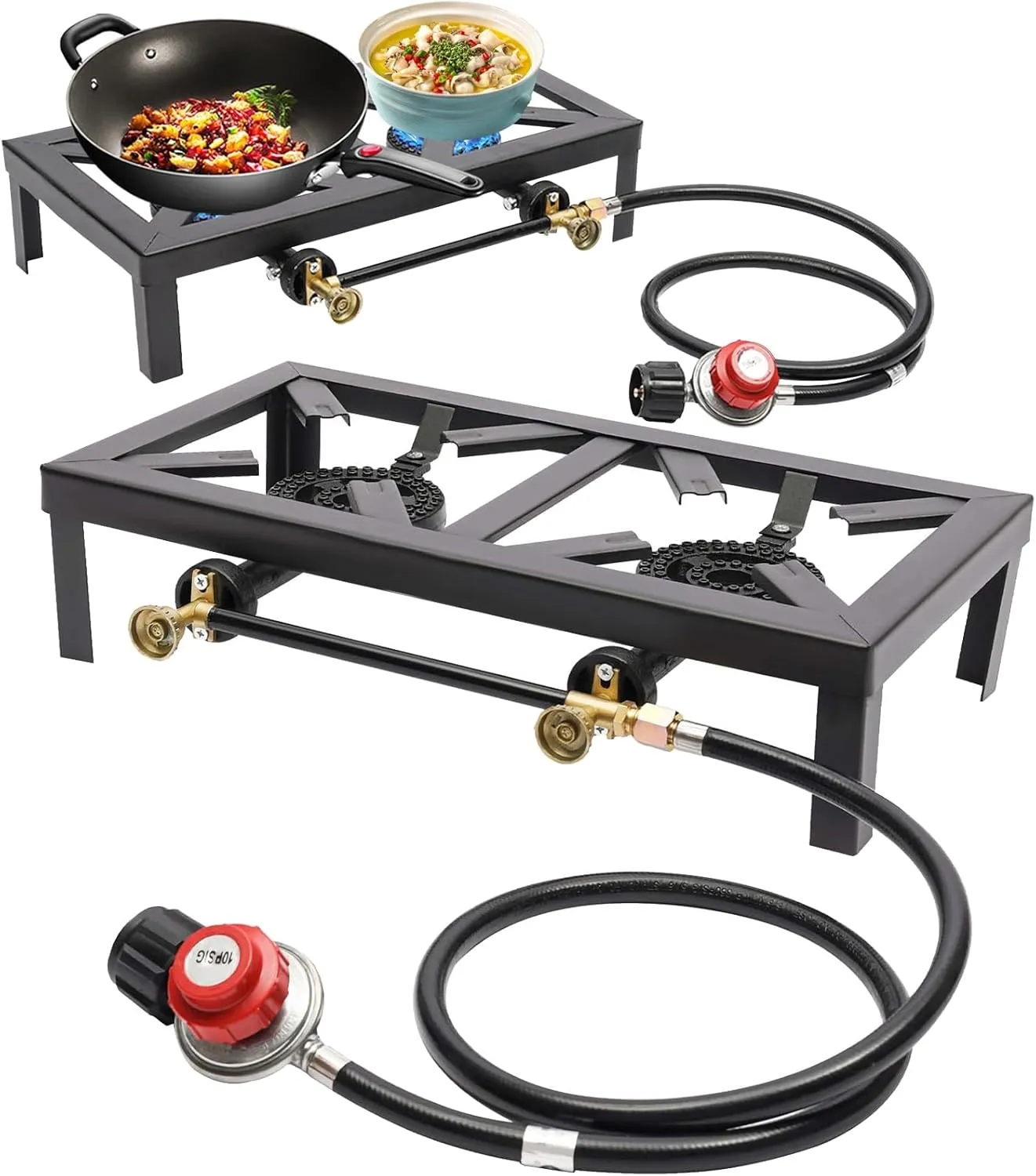 Portable Double Burner Gas Stove, Adjustable 0-10PSI Regulator, 8000W Burners for Camping, BBQ, Turkey Fry, Home Brewing, Lightweight Compact