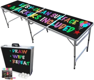 Portable Dry Erase Folding Table for use w/ NEON Wipe-Clean Non-Toxic Chalk Markers - Adjustable Length (8 ft or 4 ft) Adjustable Height (Kid Size & Standard Size) Party Table w/ or w/o LED Lights - Choose Your Model