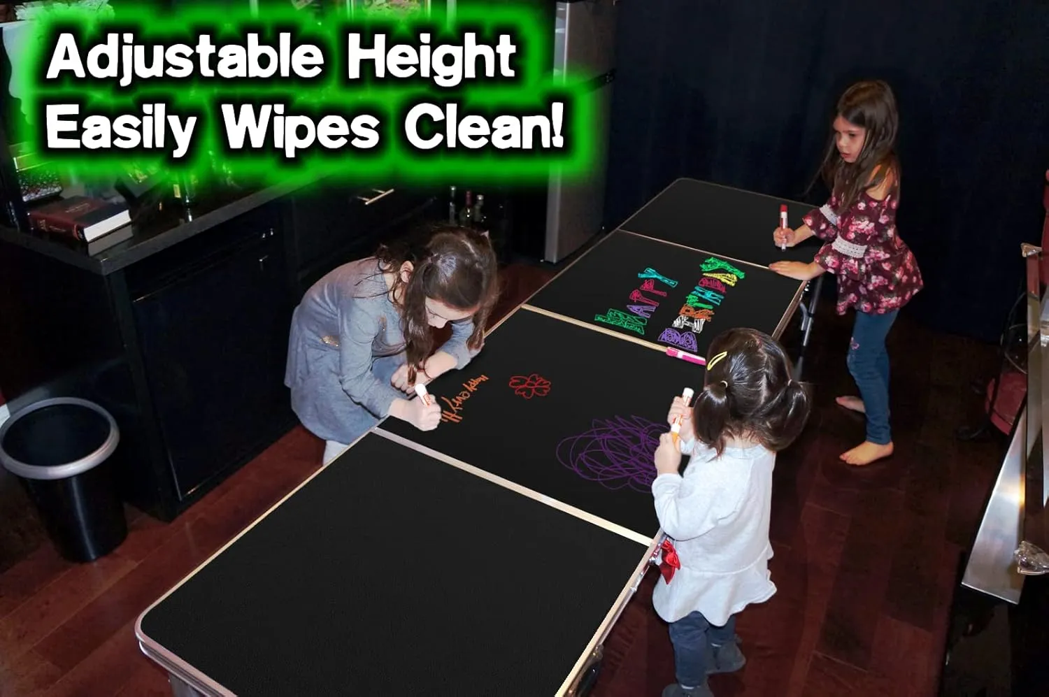 Portable Dry Erase Folding Table for use w/ NEON Wipe-Clean Non-Toxic Chalk Markers - Adjustable Length (8 ft or 4 ft) Adjustable Height (Kid Size & Standard Size) Party Table w/ or w/o LED Lights - Choose Your Model