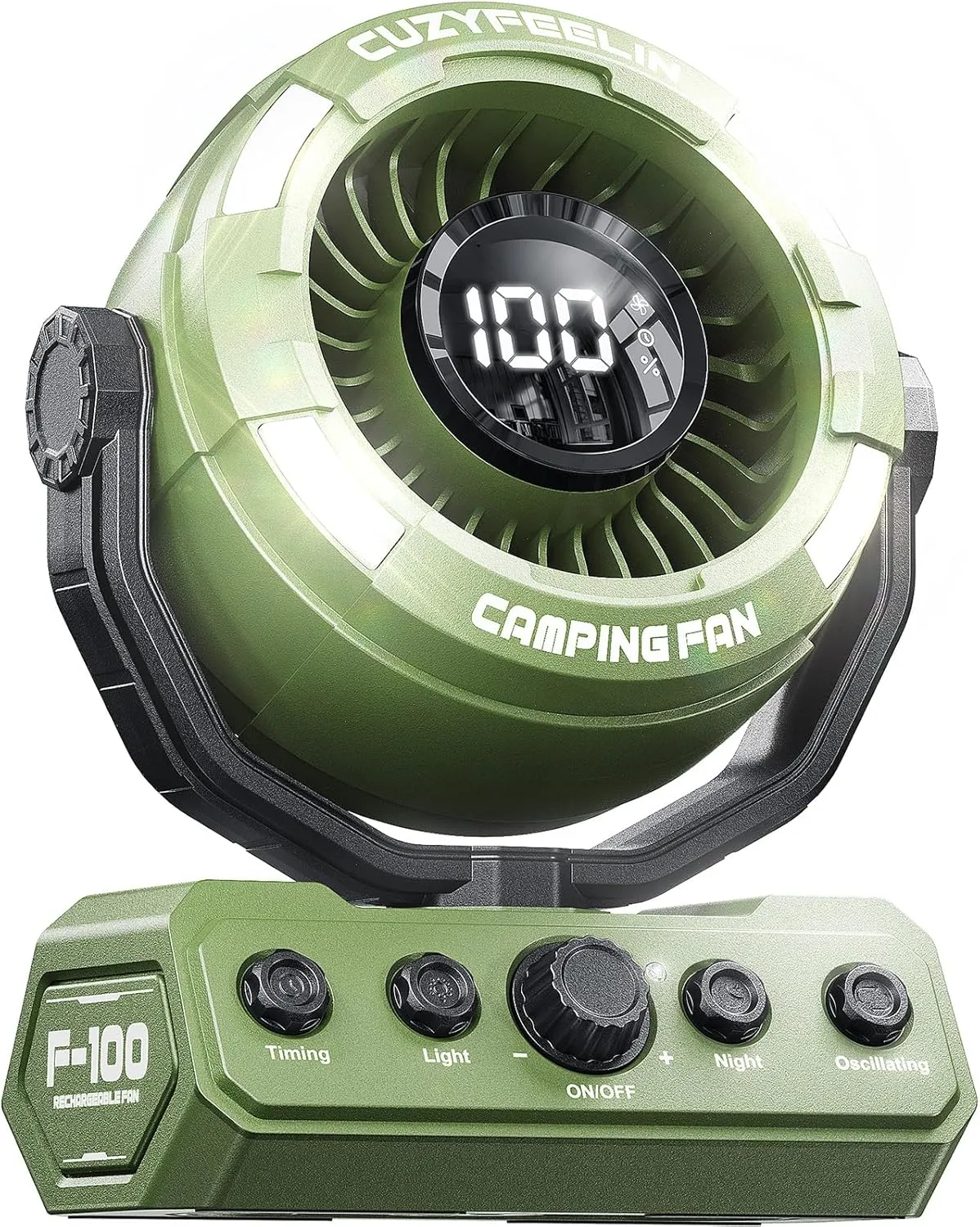Portable Fan Rechargeable - Versatility Camping Fan with LED Lantern & Hook - USB Battery Powered, Cordless, 15-80H, 100 Speeds, 180° Oscillation - for Table, Outdoor, Tent, Travel - Green