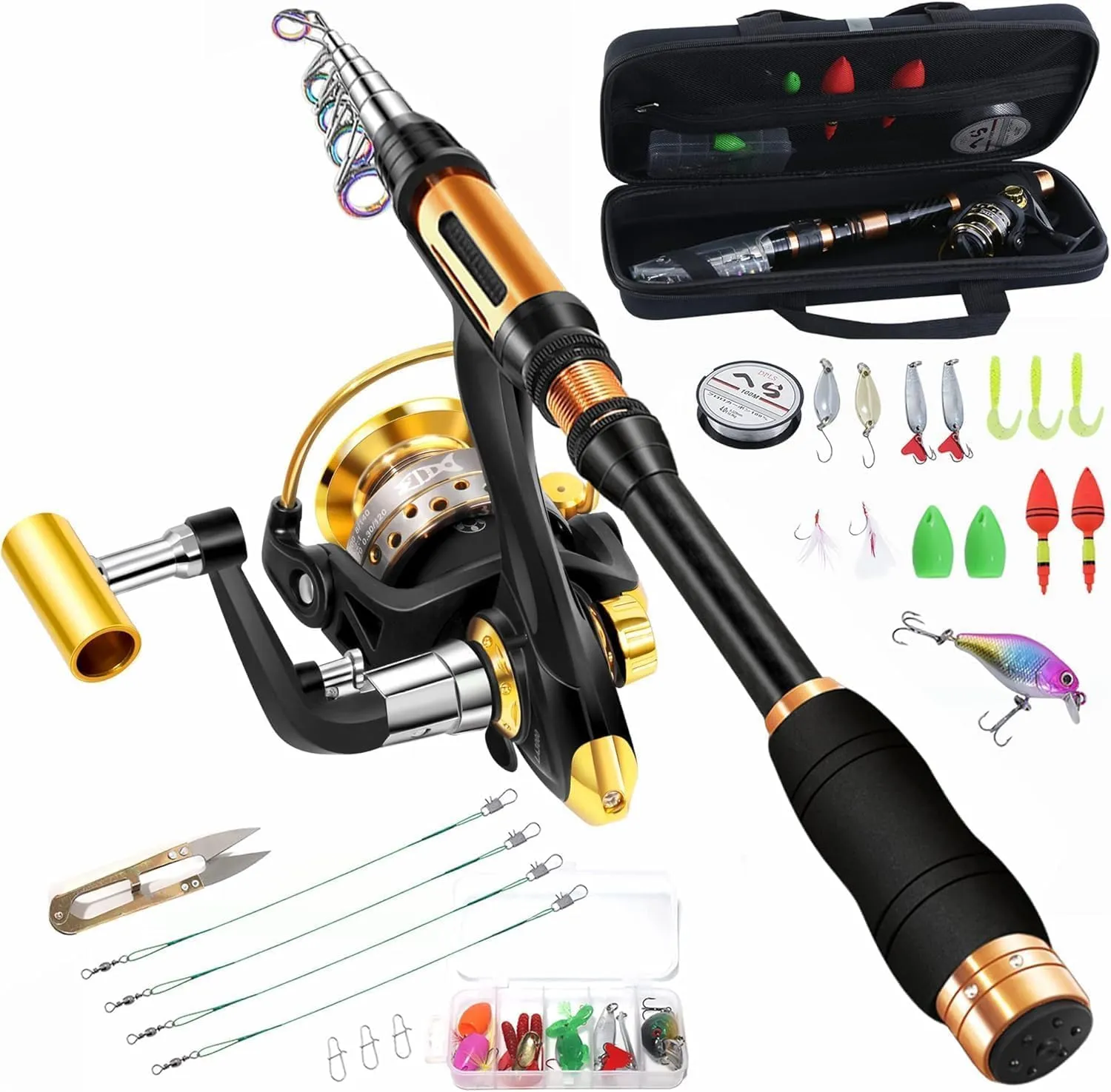 Portable Fishing Spinning Rod and Reel Combo Set Carbon Fiber Fluorescent Rod Tip, with Fishing Lures Line Carrier Bag Kits for Travel Surf 99 (Black-2, 2.1M/82.6in/6.88ft)