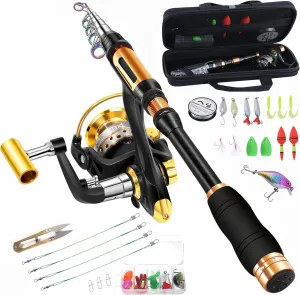 Portable Fishing Spinning Rod and Reel Combo Set Carbon Fiber Fluorescent Rod Tip, with Fishing Lures Line Carrier Bag Kits for Travel Surf 99 (Black-2, 2.1M/82.6in/6.88ft)
