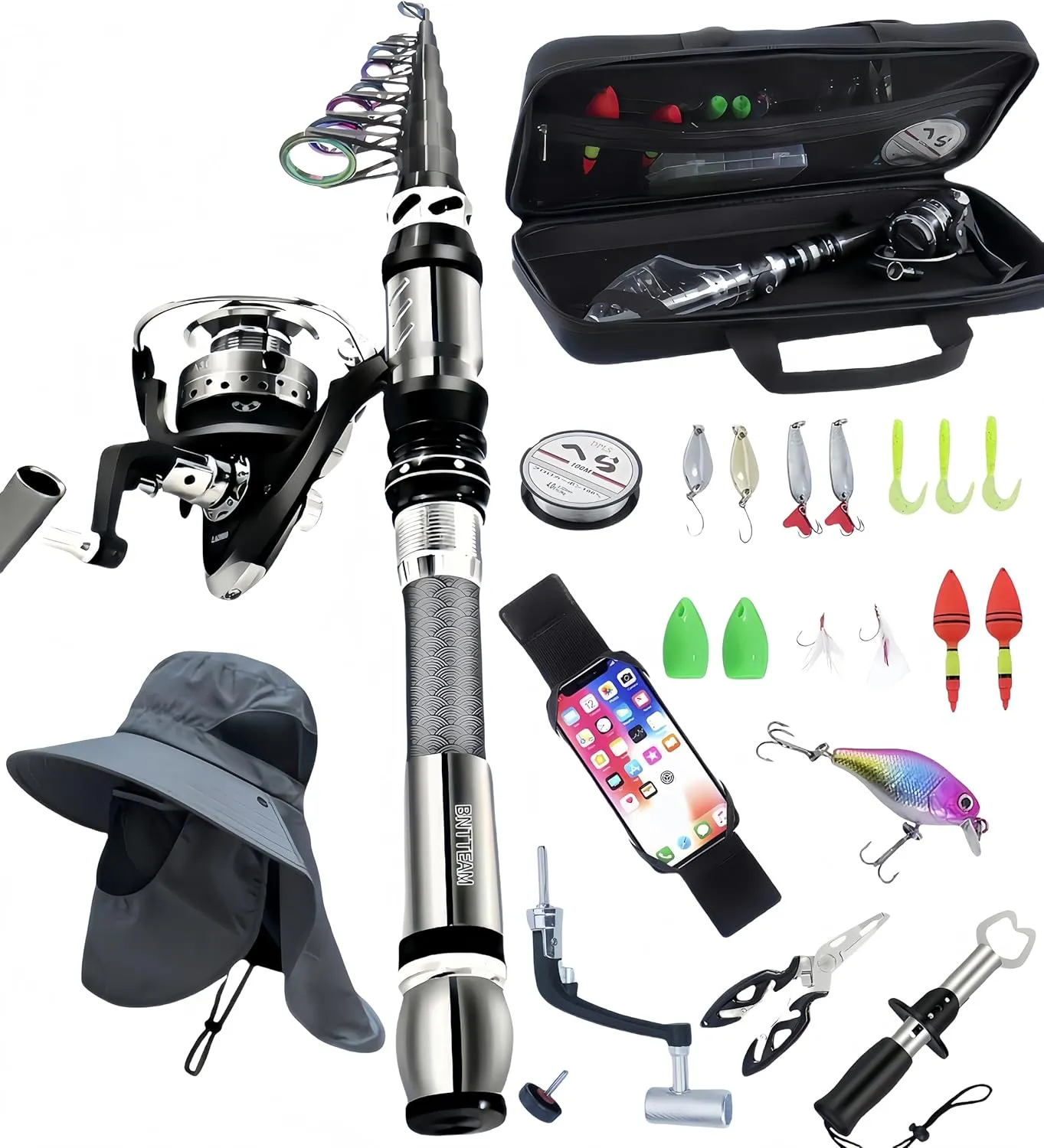 Portable Fishing Spinning Rod and Reel Combo Set Carbon Fiber Fluorescent Rod Tip, with Fishing Lures Line Carrier Bag Kits for Travel Surf Saltwater Freshwater (Sliver, 2.1M/82.6in/6.88ft)