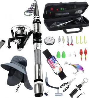 Portable Fishing Spinning Rod and Reel Combo Set Carbon Fiber Fluorescent Rod Tip, with Fishing Lures Line Carrier Bag Kits for Travel Surf Saltwater Freshwater (Sliver, 2.1M/82.6in/6.88ft)