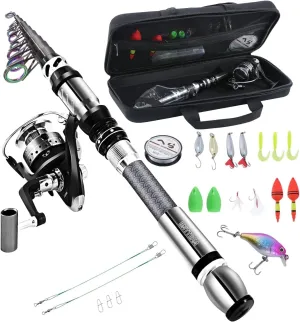 Portable Fishing Spinning Rod and Reel Combo Set Carbon Fiber Fluorescent Rod Tip, with Fishing Lures Line Carrier Bag Kits for Travel Surf Saltwater Freshwater (Sliver, 3.0M/118in/9.84ft)