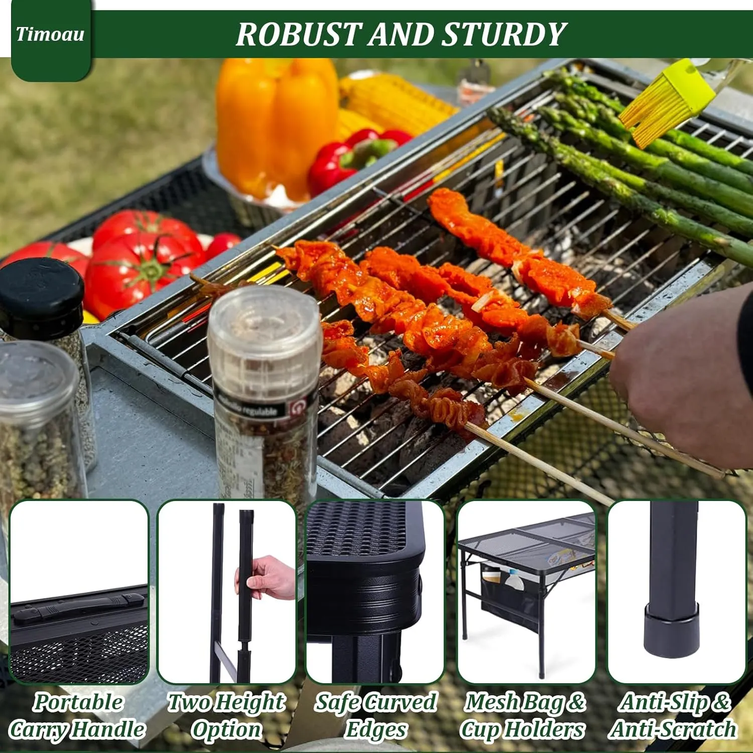 Portable Folding Grill Table, Lightweight Height Adjustable Metal Table with Mesh Desktop and Mesh Bag for Outdoor Camping Picnic BBQ, 4 Feet