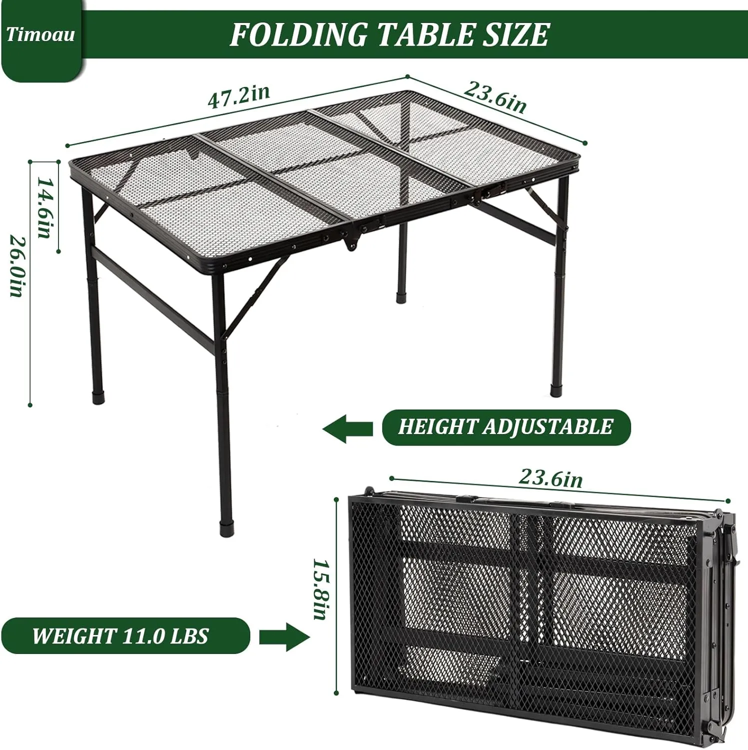 Portable Folding Grill Table, Lightweight Height Adjustable Metal Table with Mesh Desktop and Mesh Bag for Outdoor Camping Picnic BBQ, 4 Feet