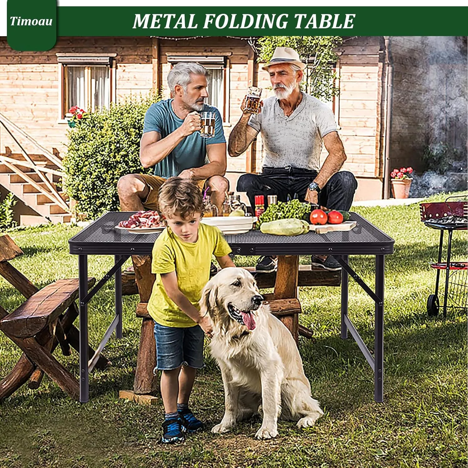Portable Folding Grill Table, Lightweight Height Adjustable Metal Table with Mesh Desktop and Mesh Bag for Outdoor Camping Picnic BBQ, 4 Feet