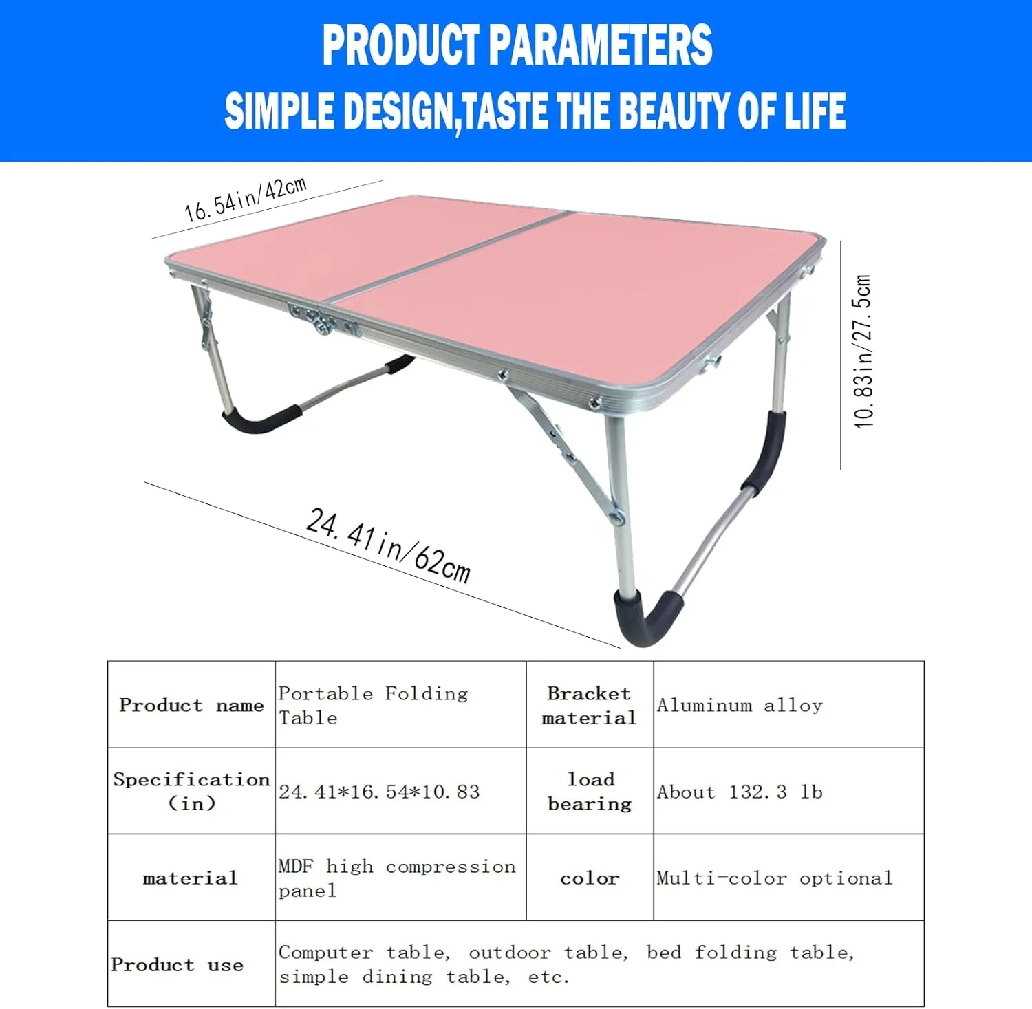 Portable Folding Table - Small Outdoor Folding Table, Suitable for Travel, Camping, Beach, Barbecue, Picnic, Party, Patio (Pink)
