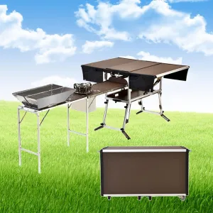 Portable Kitchen Camping Kitchen Table, Lightweight Folding Camping Grill Table with Bench and Stove for BBQ Backyard Picnic Outdoor Cooking Station, Package 3