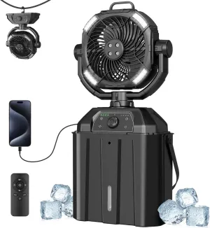 Portable Misting Fan with 25000mAh Reverse Charging & Remote Control, Auto-Oscillating LED Outdoor Cooling Fan, Stepless Speed, Waterproof Design for Camping, Patio, Pets, Garden Use (Black)