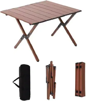Portable Picnic Table, Folding Camping Table Picnic Table with Carry Bag, Wooden Picnic Table Foldable, Adjustable Height Roll Up Folding Wooden Table Indoor Outdoor Camping, BBQ