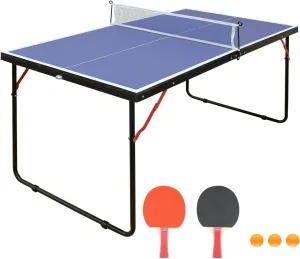 Portable Ping Pong Table, Mid-Size Foldable Table Tennis Table with Net, 2 Ping Pong Paddles and 3 Balls, Adjustable Feet for Indoor Outdoor, No Assembly Required,Blue