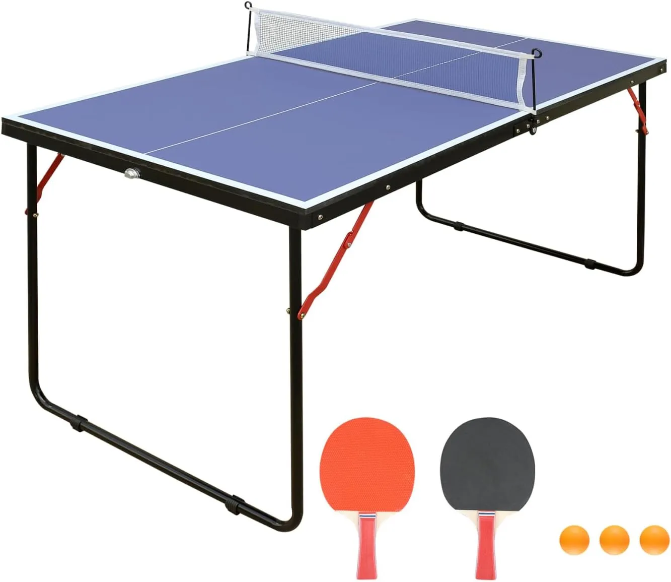Portable Ping Pong Table, Mid-Size Foldable Table Tennis Table with Net, 2 Ping Pong Paddles and 3 Balls, Adjustable Feet for Indoor Outdoor, No Assembly Required,Blue