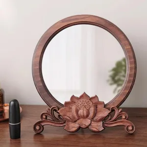 Portable Table Small Standing Magnifying Mirror for Cosmetic Wooden Makeup Stage, Retro Round Mirror with Lotus Sculpture Bracket，Gifts for Women