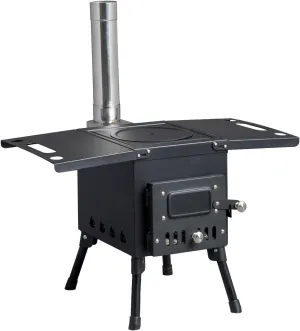Portable Wood Burning Camp Stove, 22.6 x 11.4 x 14.6 inches, Steel Construction with Side Shelves, Black