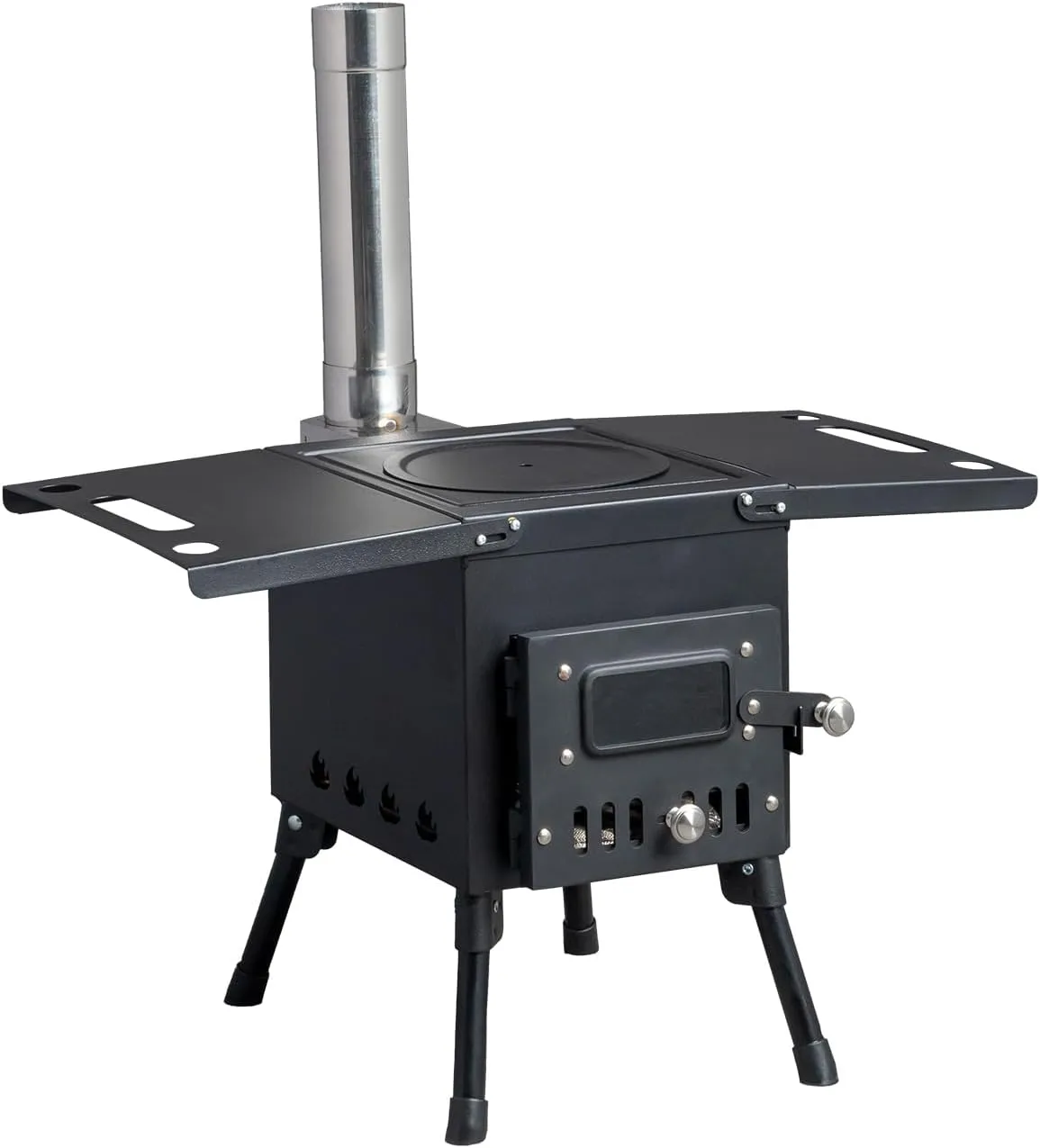 Portable Wood Burning Camp Stove, 22.6 x 11.4 x 14.6 inches, Steel Construction with Side Shelves, Black