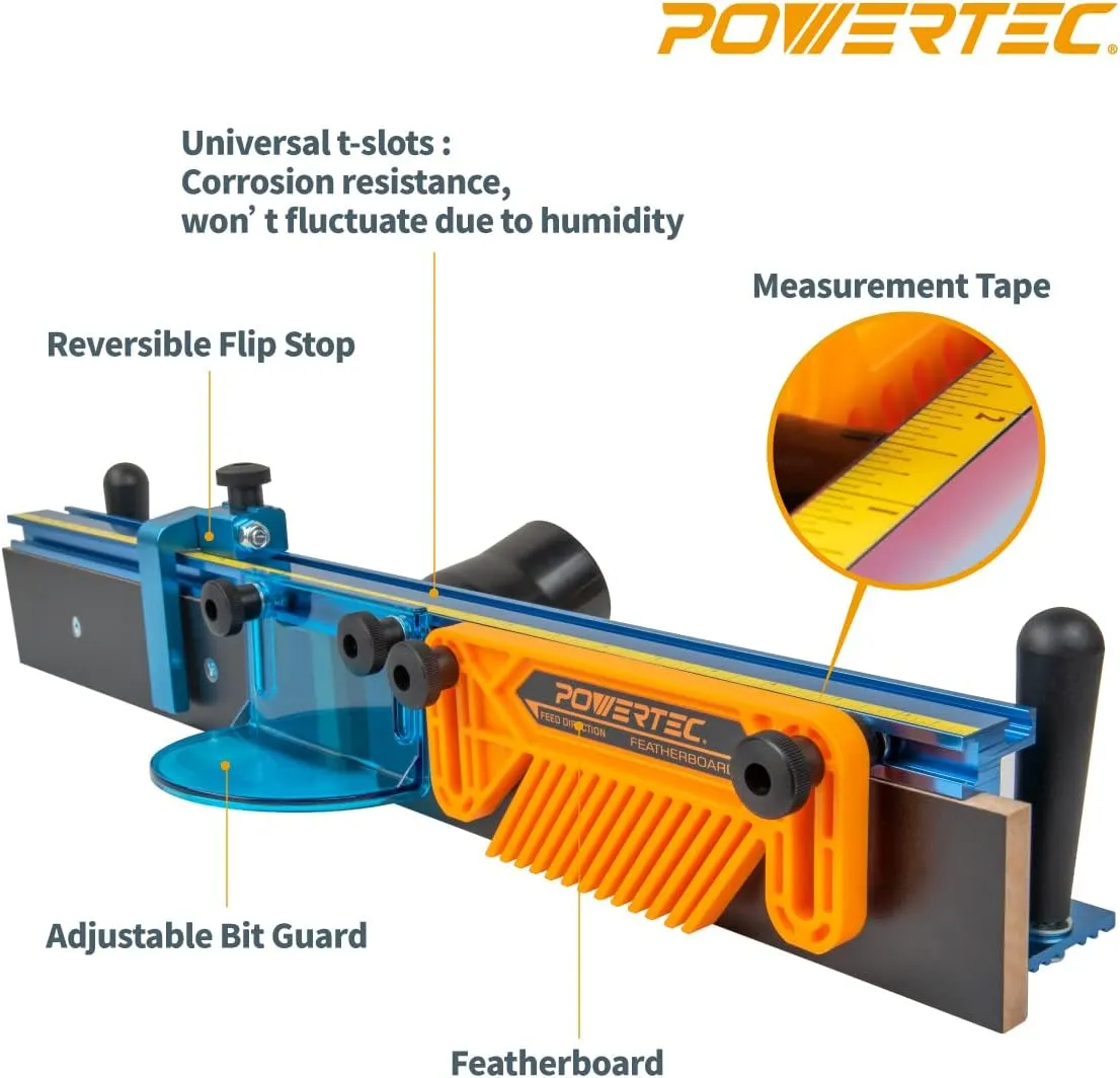 POWERTEC Router Table Fence Kit Deluxe System 3-3/8” Tall 24" Long, Router Table Top, Routing Tables for Woodworking w/Reversible Flip Stop, Dust Port, Adjustable Bit Guard, Featherboard - 71536