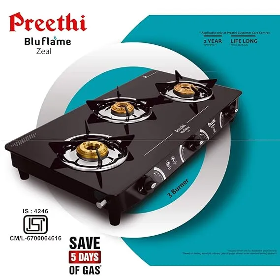 Preethi Zeal 3 Burner Glass Top Gas Stove