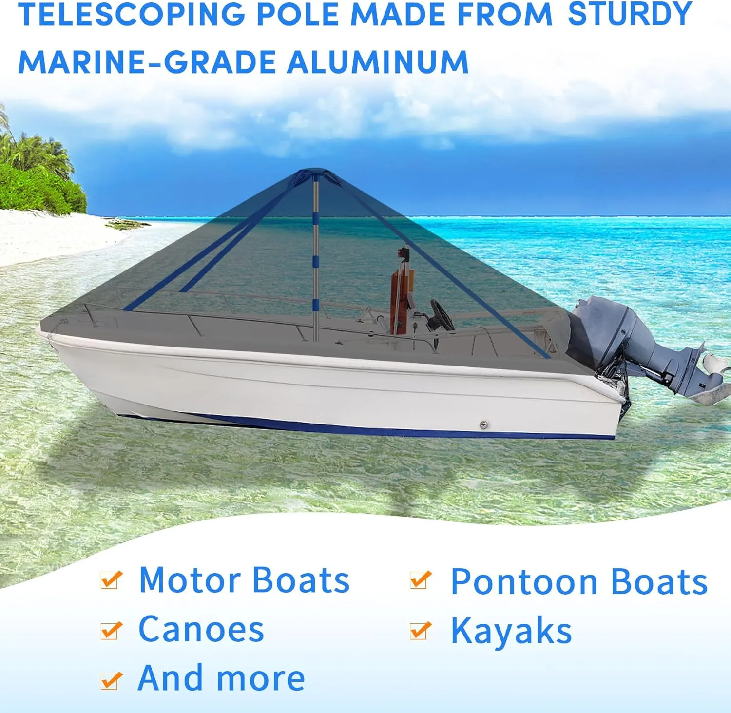 Premium Quality Boat Cover Support Poles 2 Pack, Aluminum Support Pole for Boat Cover with Webbing Strap, Extension Boat Cover Support Poles Adjustable Height at Will from 22” to 57.5” -(Blue)