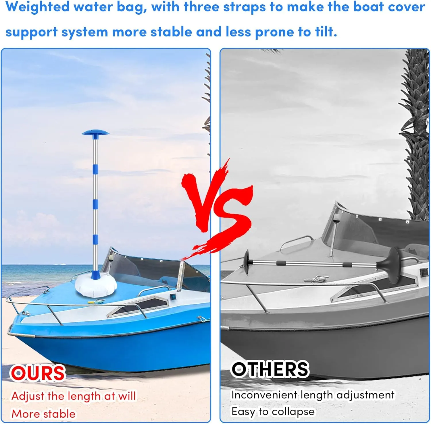 Premium Quality Boat Cover Support Poles 2 Pack, Aluminum Support Pole for Boat Cover with Webbing Strap, Extension Boat Cover Support Poles Adjustable Height at Will from 22” to 57.5” -(Blue)