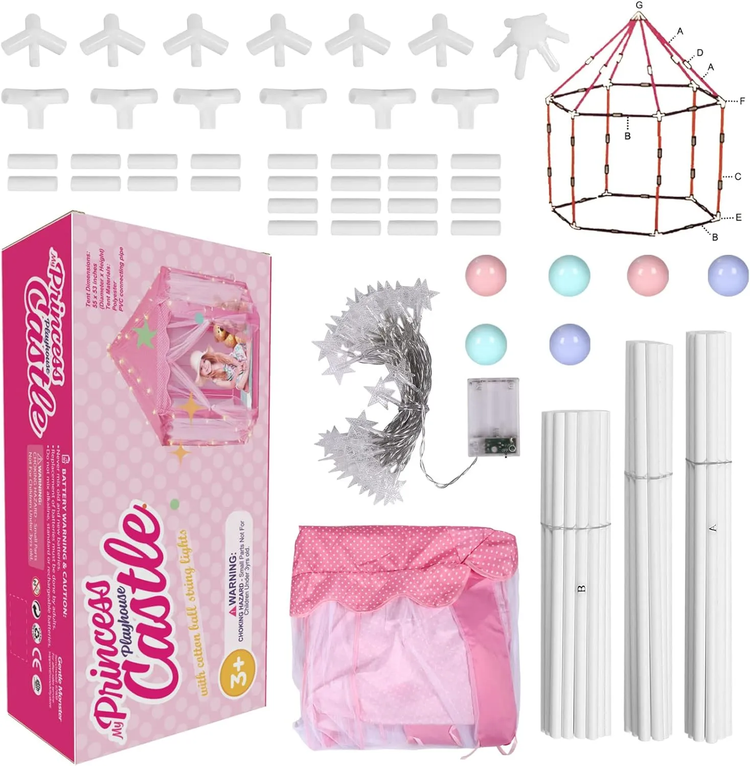 Princess Tent with LED Star Lights,Kids Castle Play Tent for Girls,Large Playhouse Girl Toy Gifts Age 3 ,Indoor and Outdoor Games 55.5"x 53"(DxH)