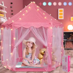 Princess Tent with LED Star Lights,Kids Castle Play Tent for Girls,Large Playhouse Girl Toy Gifts Age 3 ,Indoor and Outdoor Games 55.5"x 53"(DxH)