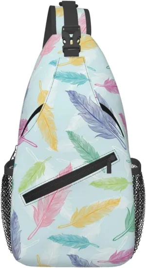 Printed Vintage Colorful Feathers Sling Bag Crossbody Backpack For Men Women, Durable Adjustable Strap Daypack Travel Shoulder Bag For Outdoor Activities, Gym, And Travel